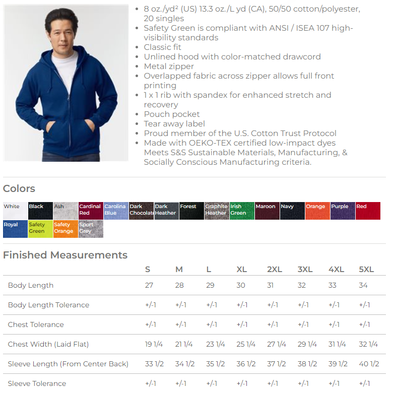 Gildan 18600 Heavy Blend Full Zip-Up Mens Hoodie Sweatshirts Sizes